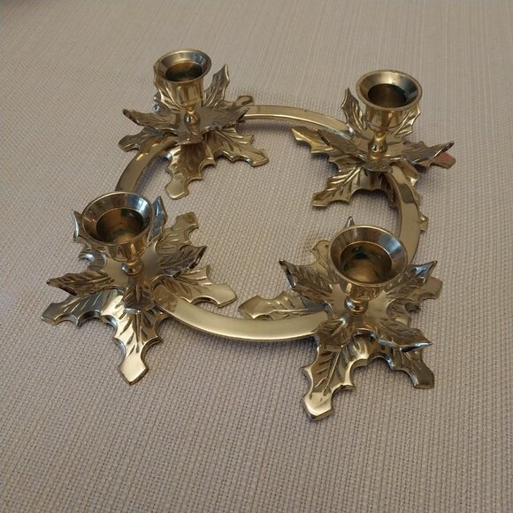 Vtg Solid Brass Poinsettia 11" Candle Stick Holder Ring Christmas Classic - Picture 2 of 6